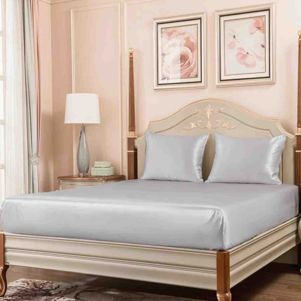 Promeed silver grey silk fitted sheet in modern bedroom