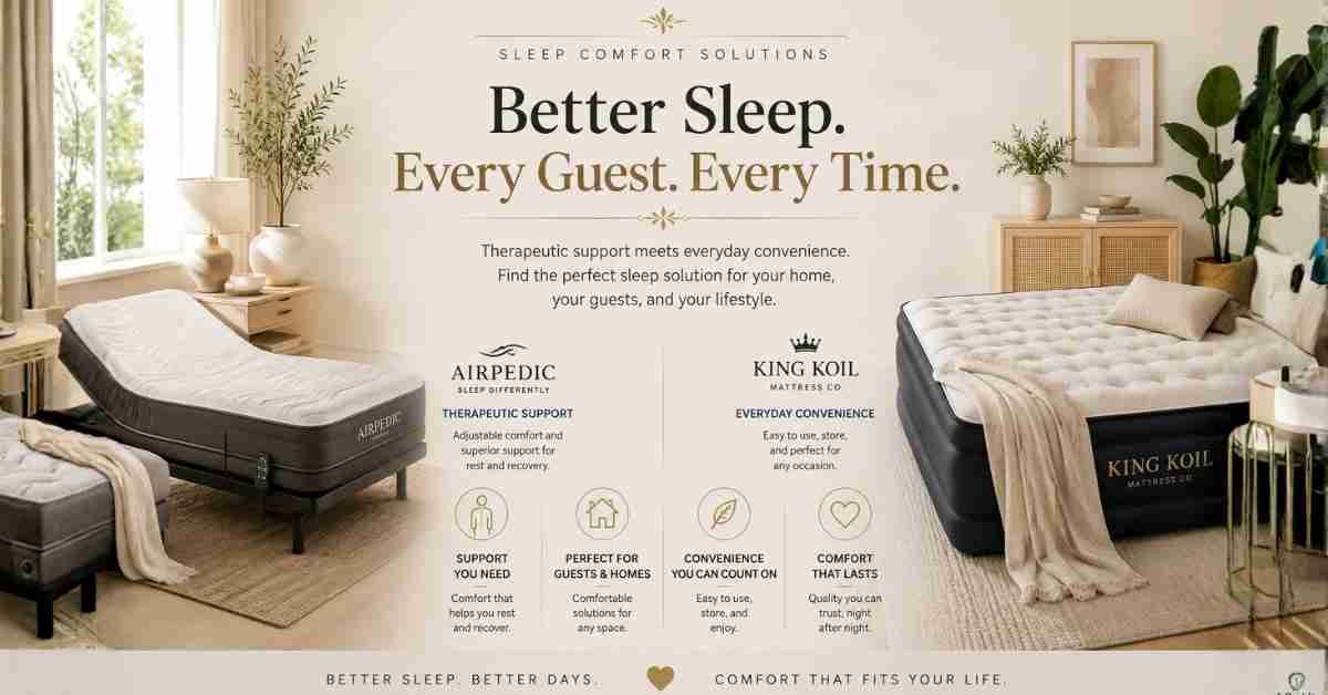 Luxury sleep comfort solutions banner featuring an AirPedic adjustable mattress and King Koil air mattress in elegant neutral bedroom settings