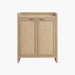 Space saving 2 door shoe cabinet in reclaimed light oak.