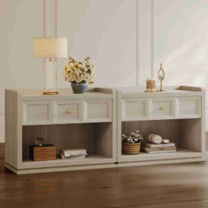 Wider 31 inch nightstand set in grey white oak for master bedrooms.