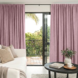 A modern home window layout displaying a high-quality alder light pink curtain drawing together beautifully.