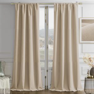 A peaceful master suite residential bedroom layout featuring premium light beige velvet curtains hung clean by a sunny window frame.