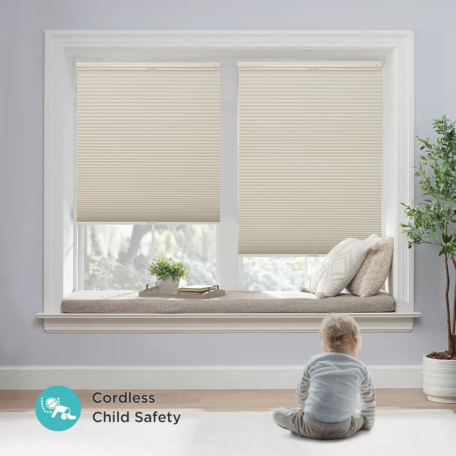 Custom No-Drill Cordless Blackout Cellular Honeycomb Shades, Top-Down Bottom-Up - Beige 1 Sleek architectural setup showcasing the smooth horizontal profiles of an integrated beige top down cellular setup.