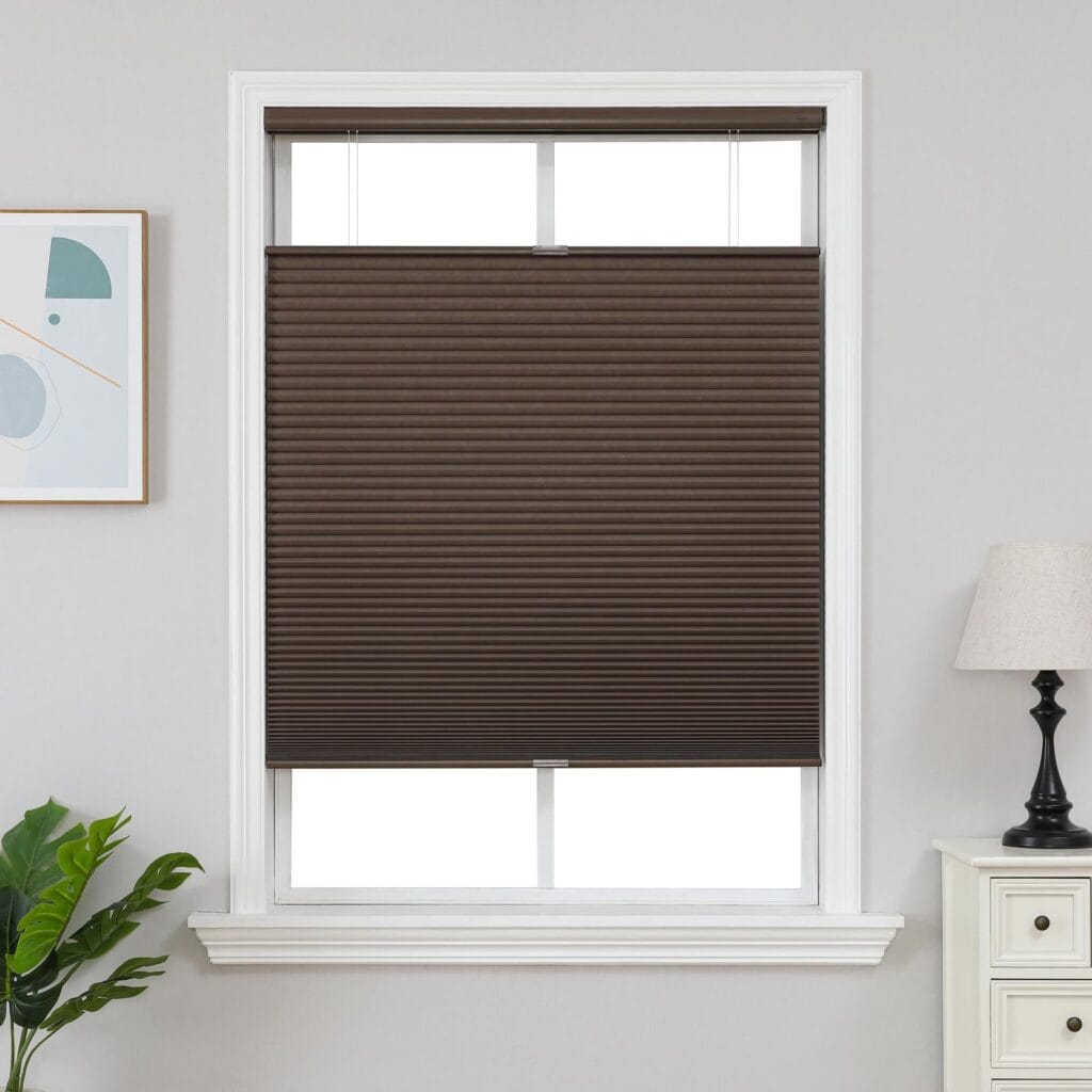 Polished contemporary window layout displaying how an integrated coffee top down cellular installation delivers immediate shade control.
