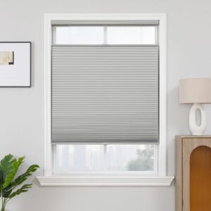 Joydeco elegant home interior display highlighting high-quality grey top down cellular cascading beautifully over a window setting.