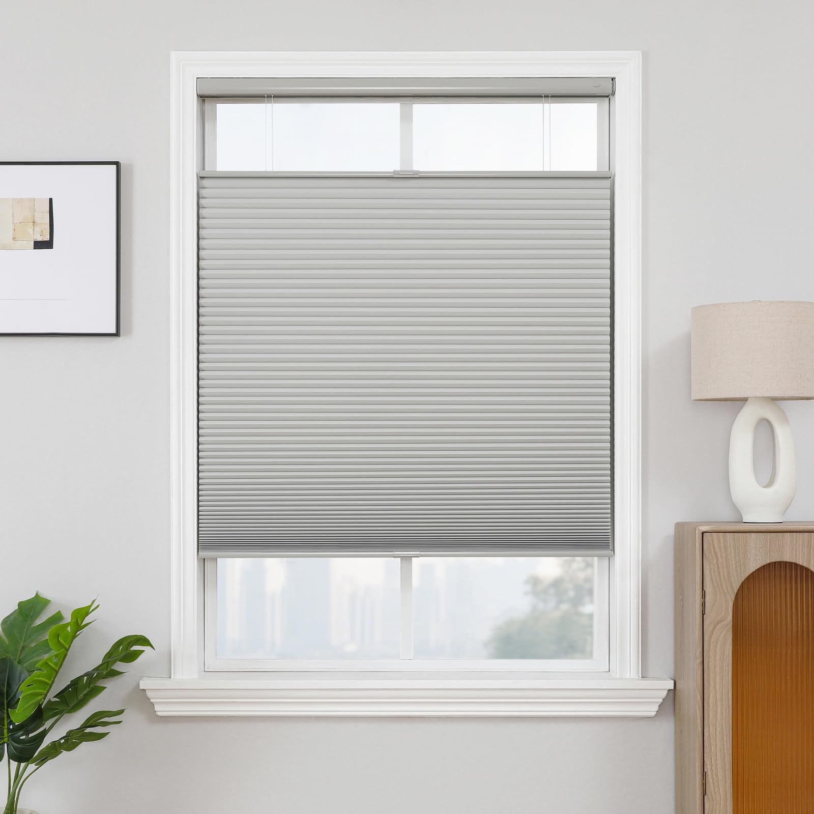 Custom No-Drill Cordless Blackout Cellular Honeycomb Shades, Top-Down Bottom-Up - Grey 1 Joydeco elegant home interior display highlighting high-quality grey top down cellular cascading beautifully over a window setting.