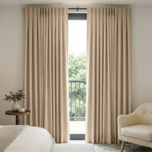 Joydeco tailored interior window treatment displaying a custom room darkening curtain beige setup over a contemporary layout.