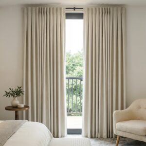 A modern well-lit living area featuring an elegant darkening curtain light beige filtering daylight beautifully.