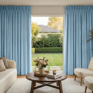 Sleek architectural space highlighting how an integrated blackout curtain chambray blue installation handles incoming reflections gracefully.