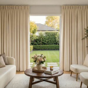 Joydeco tailored interior window treatment displaying a custom linen blackout curtain ecru setup over a contemporary layout.