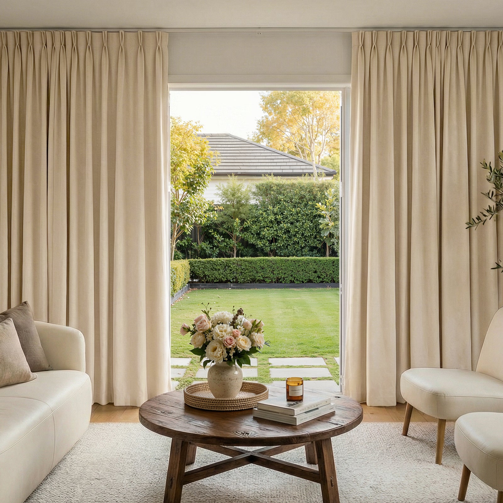 Haven Linen Blend 100% Blackout Curtain - Ecru 1 Joydeco tailored interior window treatment displaying a custom linen blackout curtain ecru setup over a contemporary layout.