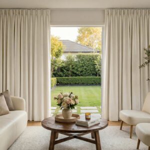 Polished apartment layout focusing on the crisp horizontal fall profile of a tailored linen blackout curtain ivory set.