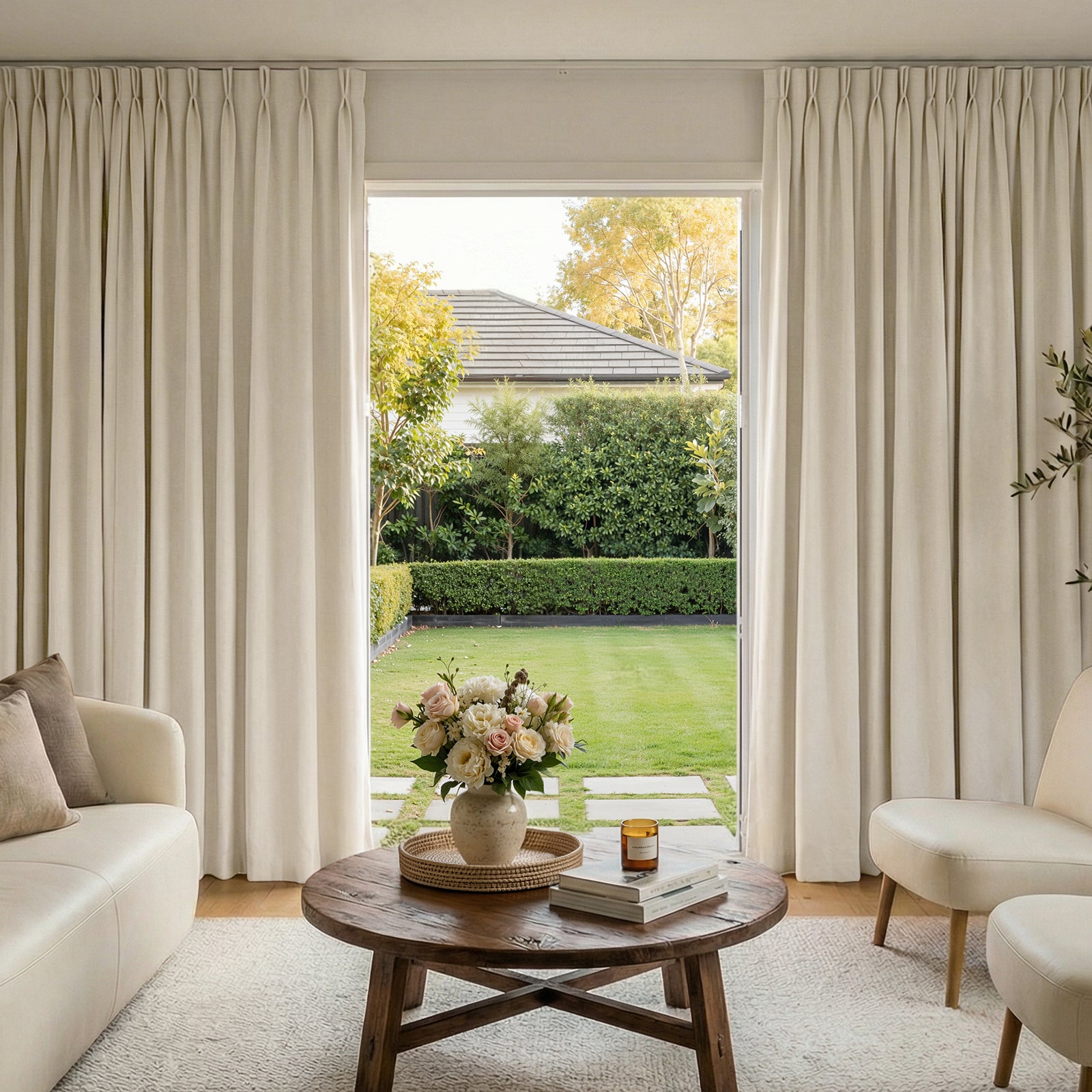Haven Linen Blend 100% Blackout Curtain - Ivory 1 Polished apartment layout focusing on the crisp horizontal fall profile of a tailored linen blackout curtain ivory set.