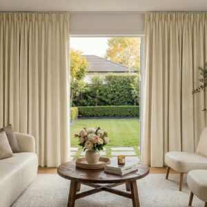 A modern well-lit living area featuring an elegant linen blackout curtain linen filtering daylight beautifully.