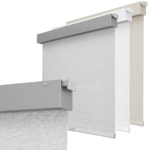 Polished interior window frame displaying how a customized blackout shade light grey limits direct afternoon solar reflections.