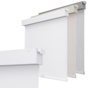 Sleek architectural setup showcasing a functional cordless-blackout roller shade shielding a bright room to optimize screen visibility.