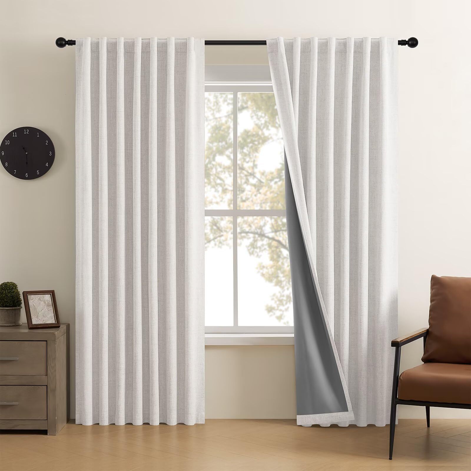 Joydeco 100% Blackout Curtains Faux Linen Curtains for Living - Greyish White 1 Close-up fabric details highlighting a high-quality set of greyish white blackout curtain draped in a modern bedroom.
