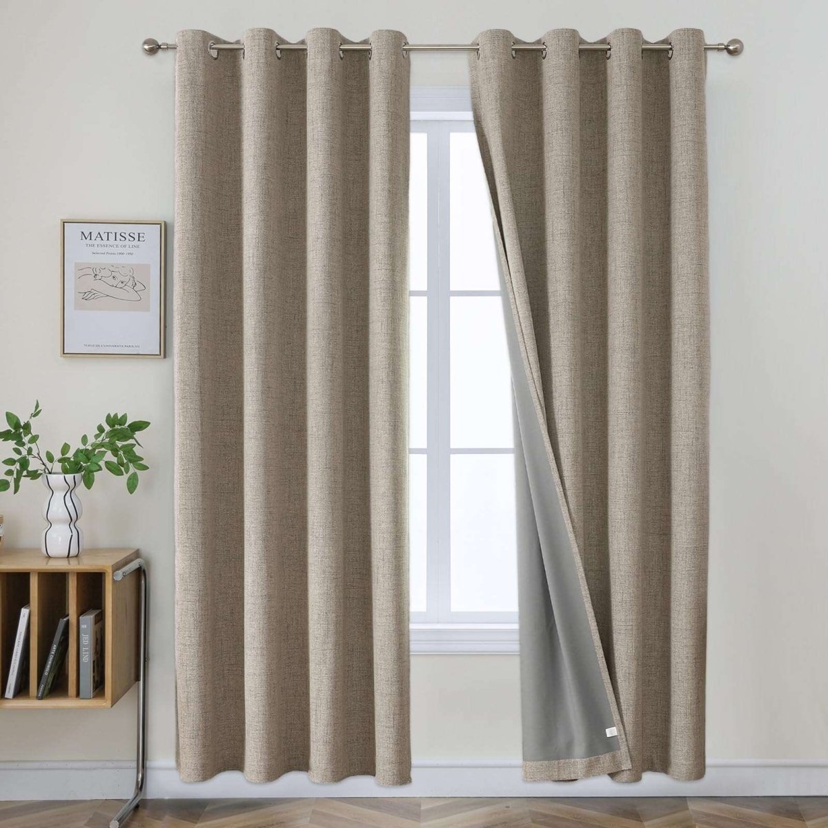 Joydeco 100% Blackout Curtains Faux Linen Long Faux Linen Blackout Curtains Room Darkening Textured Curtains - Linen 1 A perfectly styled layout showing linen curtains blackout hanging by a window in a contemporary interior.