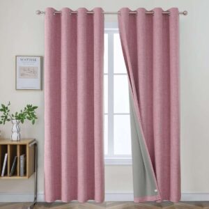 Premium Joydeco window treatment setup displaying elegant pink faux linen curtains in natural daylight.