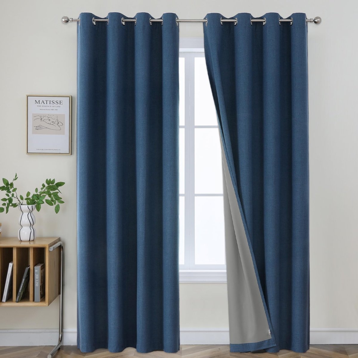 Joydeco 100% Blackout Faux Linen Curtains - 2-Panel Set, Long, Denim Blue 1 Polished farmhouse layout showing how premium denim blue linen curtains gracefully filter daylight into a reading nook.