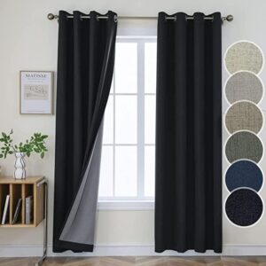 Joydeco 100% blackout faux linen curtains in blackout linen black hanging beautifully in front of a window.