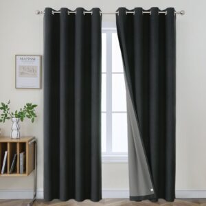 Close up view of premium blackout linen charcoal grey drapes showing rich linen texture and heavy fabric feel.