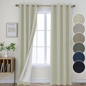 Close up view of premium blackout linen light beige drapes showing rich linen texture and heavy fabric feel.