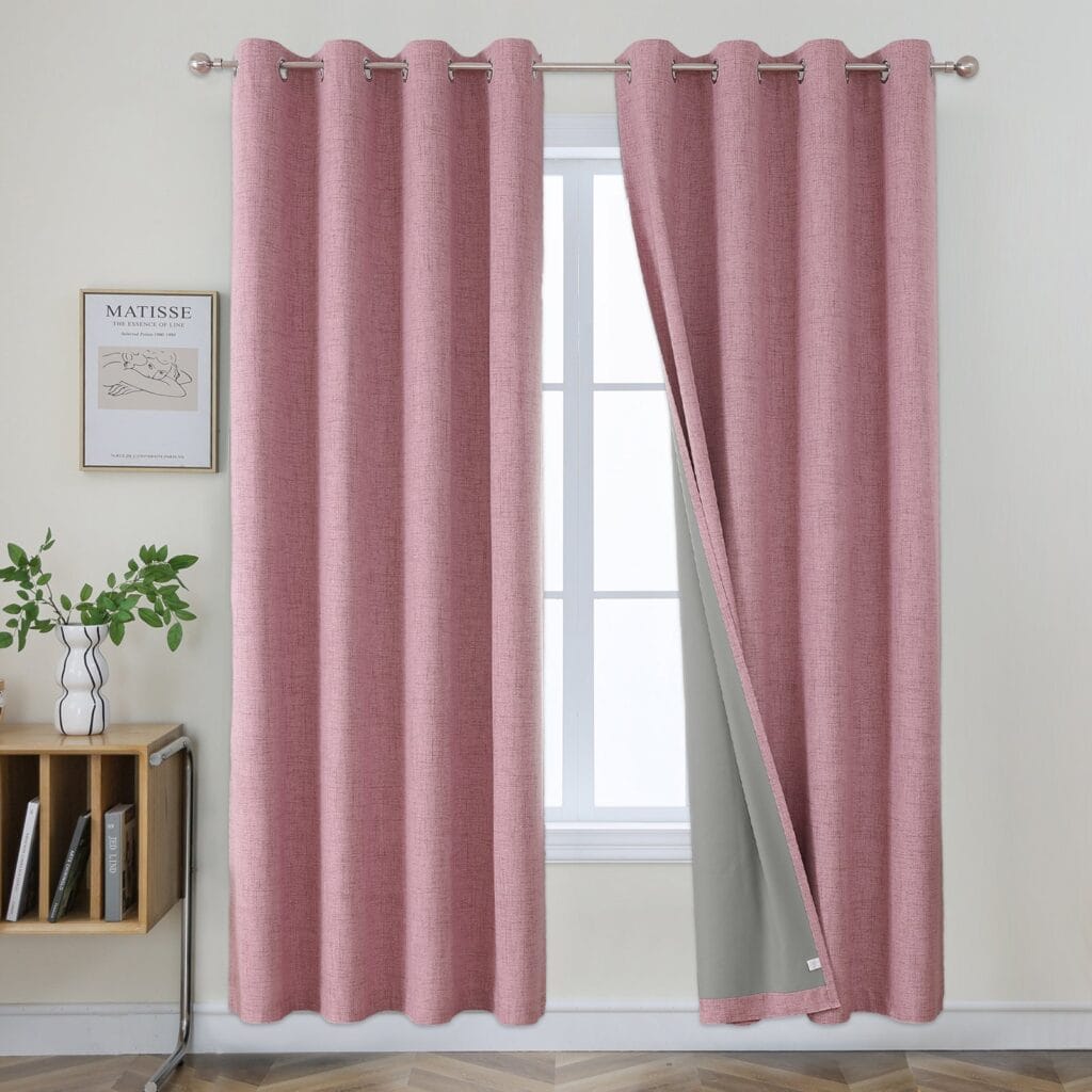 Joydeco faux linen modern blackout drapery set in stylish blackout linen light pink colorway.