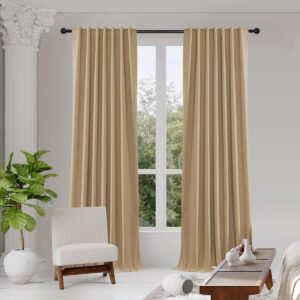 Beautifully arranged apartment interior featuring the clean straight hang of a premium linen curtains dark beige set.
