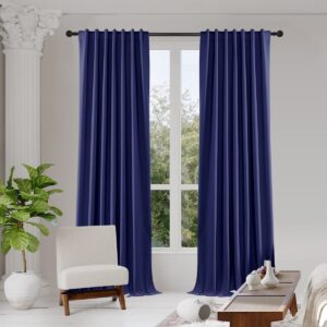 Close-up macro look at the detailed weave texture and premium fabric composition of a durable linen curtains navy blue.