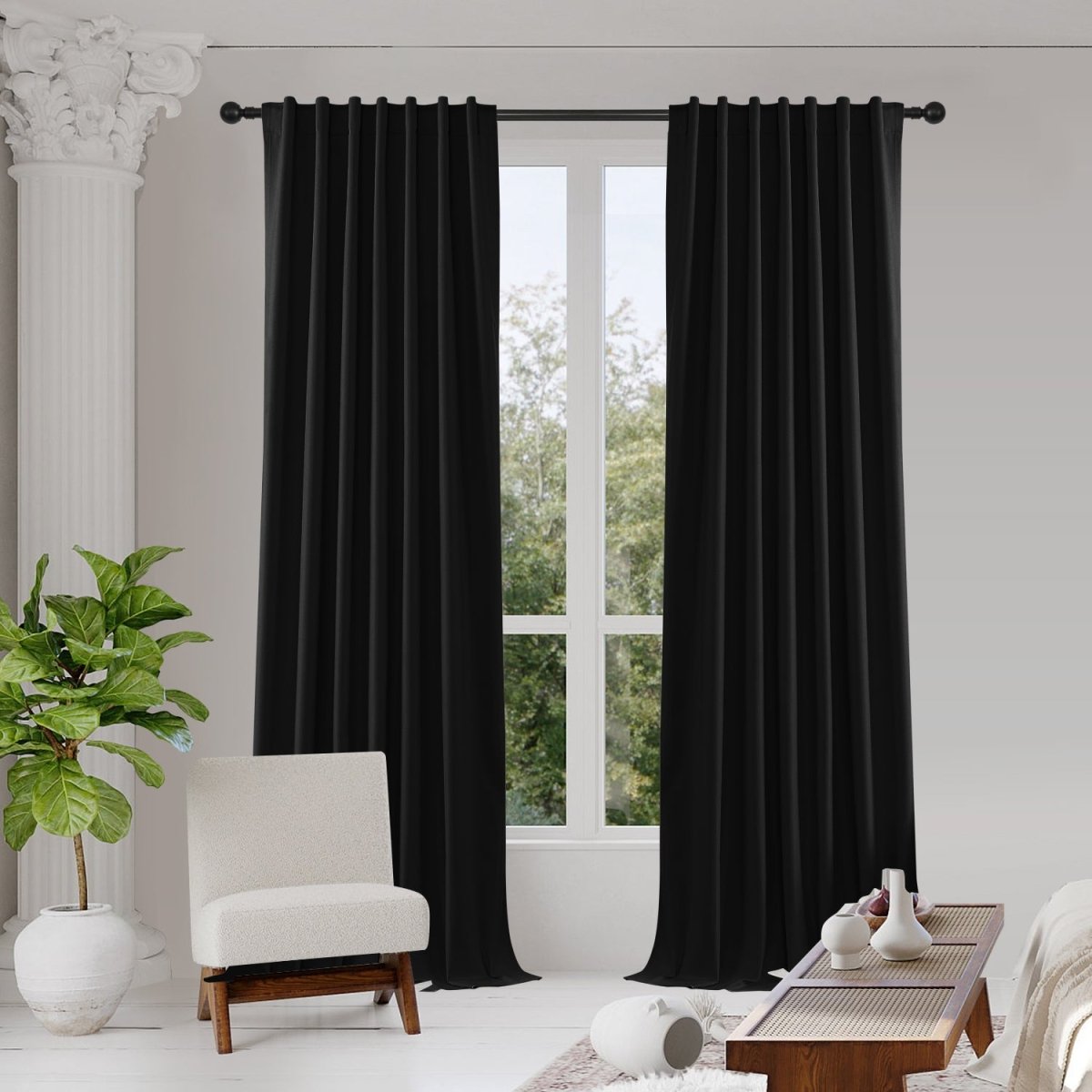 Joydeco 100% Blackout Linen Bedroom Curtains, Rod Pocket & Back Tab Drapes, 2 Panels - Pure Black 1 Polished contemporary layout showcasing how an integrated linen curtains pure black setup delivers instant shade control.