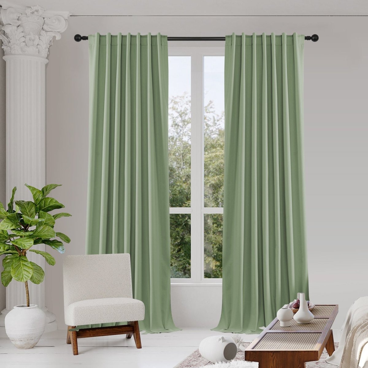 Joydeco 100% Blackout Linen Bedroom Curtains, Rod Pocket & Back Tab Drapes, 2 Panels - Sage Green 1 Sleek tool-free window decoration presenting the clean horizontal profile of a specialized linen curtains sage green.