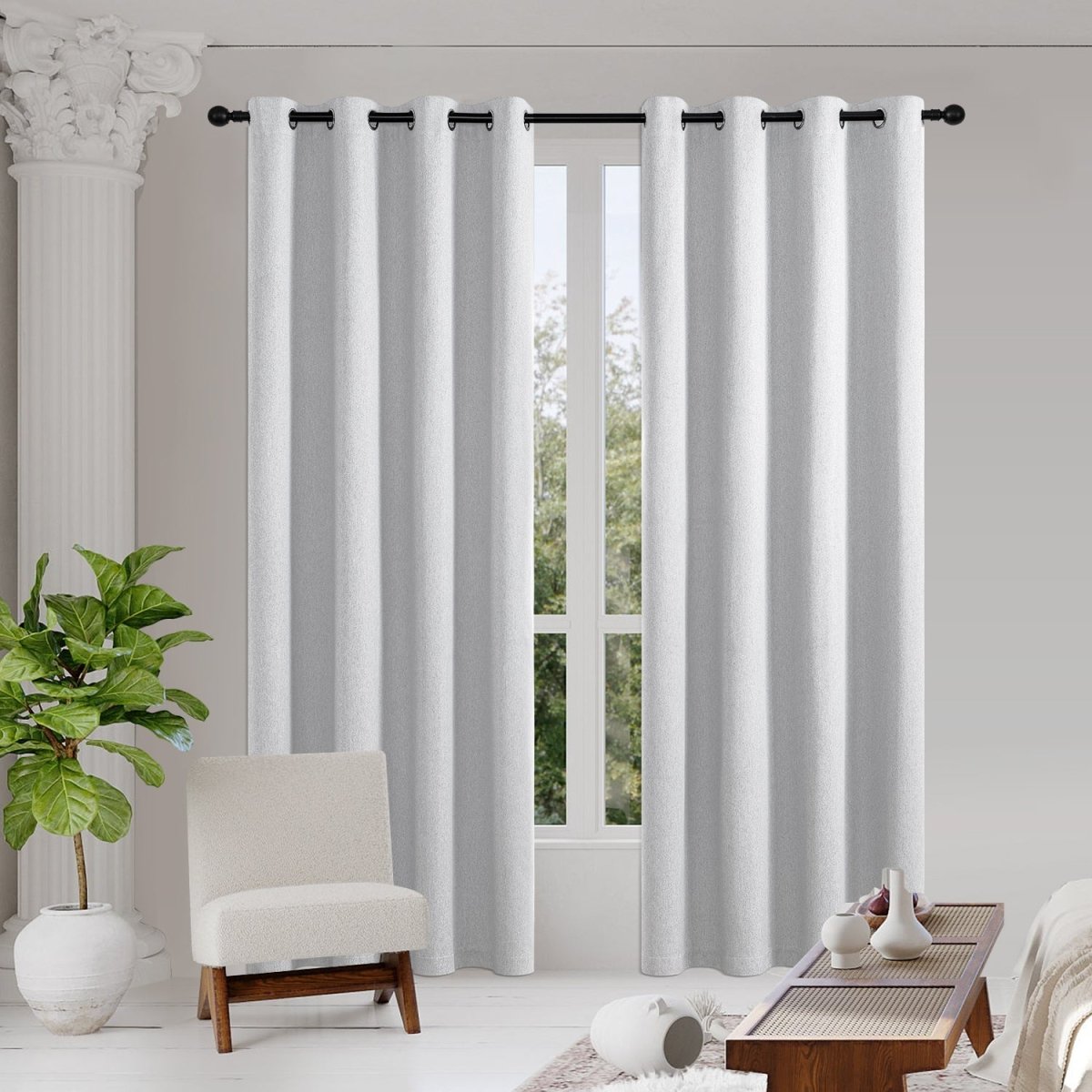 Joydeco 100% Blackout Thermal Insulated Long Curtains & Drapes, 2 Panels - Pure White 1 Close-up clean view showcasing the heavy fall and soft tactile grain of a custom blackout drapes pure white panel.