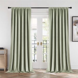 Luxury modern interior featuring high-quality matcha green velvet curtains hung over a large patio doorway.