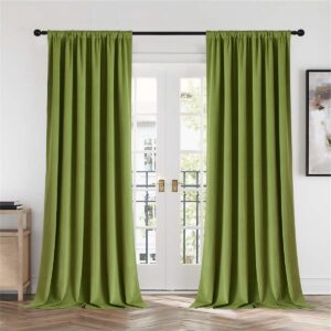 Joydeco functional home decor presentation showcasing moss green velvet curtains in bright midday illumination.