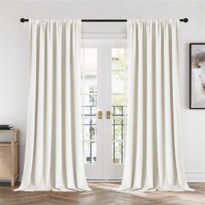 Clean interior visual presentation showing how mousse white velvet curtains seamlessly dress a living room layout.