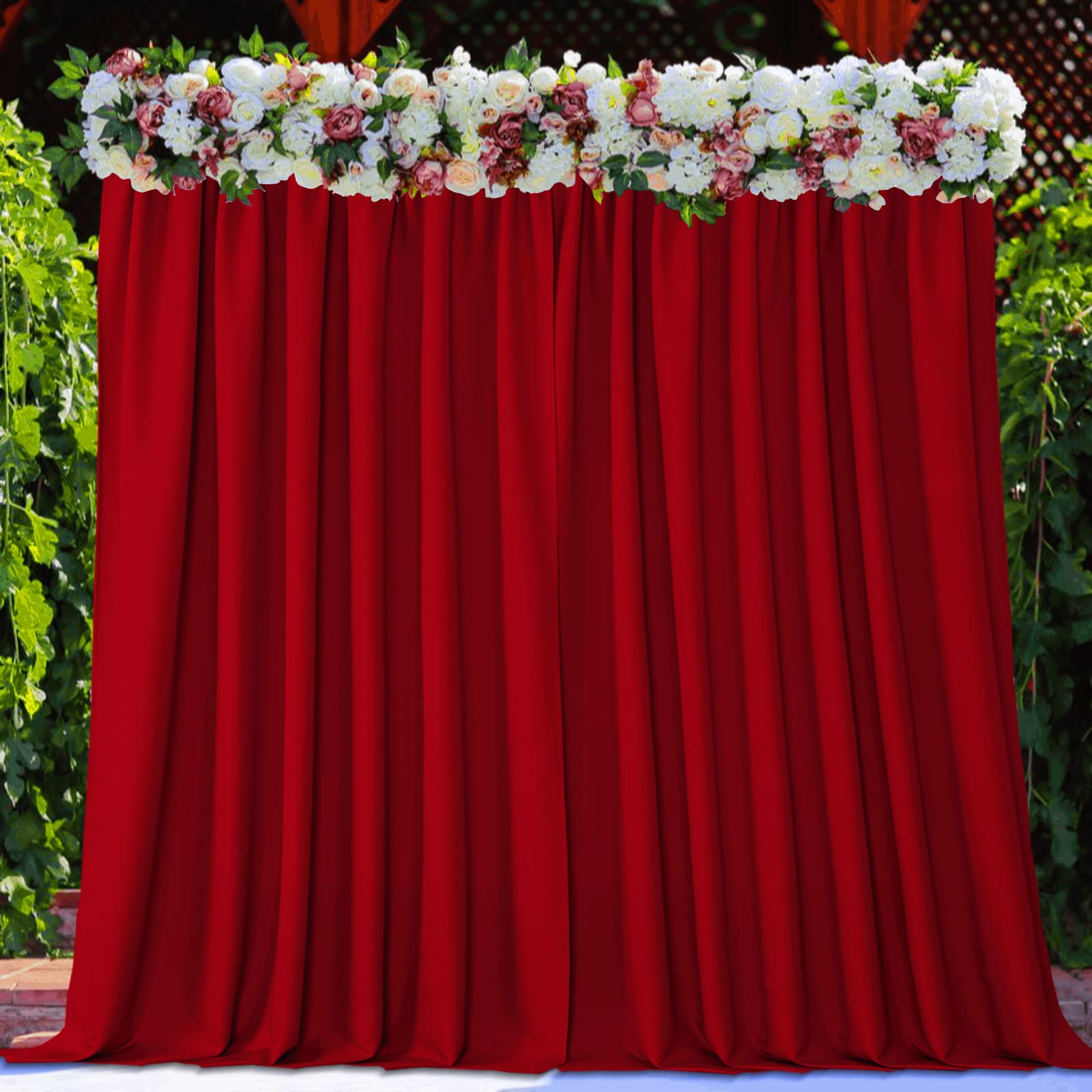 Joydeco Backdrop Curtains for Parties, Weddings & Photography - Red 1 Close-up macro shot focusing on the high-quality fabric grain and neat stitching details of a durable red backdrop curtains set.