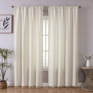 Joydeco heavy-duty fabric presentation highlighting boho linen curtains beige in a cozy living room.