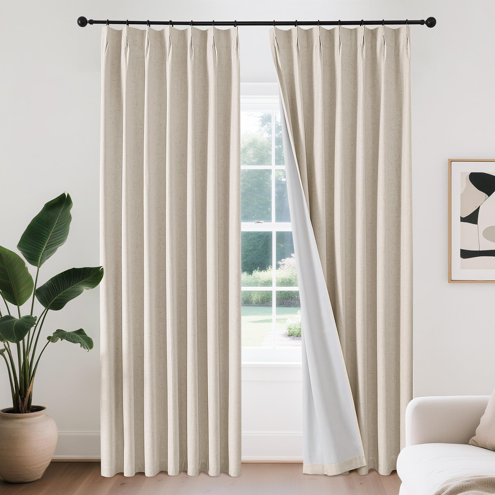 Joydeco Blackout Linen Curtains - Pleated Thermal Insulating Drapes - Ecru 1 Joydeco functional home decor display highlighting a premium ecru linen blackout curtains set over a minimalist living area setup.