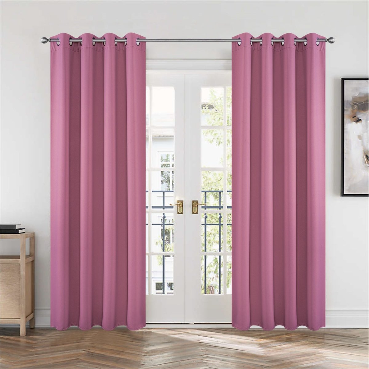 Joydeco Blackout Thermal Insulated 2-Panel Long Curtains & Drapes Set - Light Pink 1 Sleek architectural living zone highlighting how a high-quality set of light pink thermal curtains offers complete glare protection.
