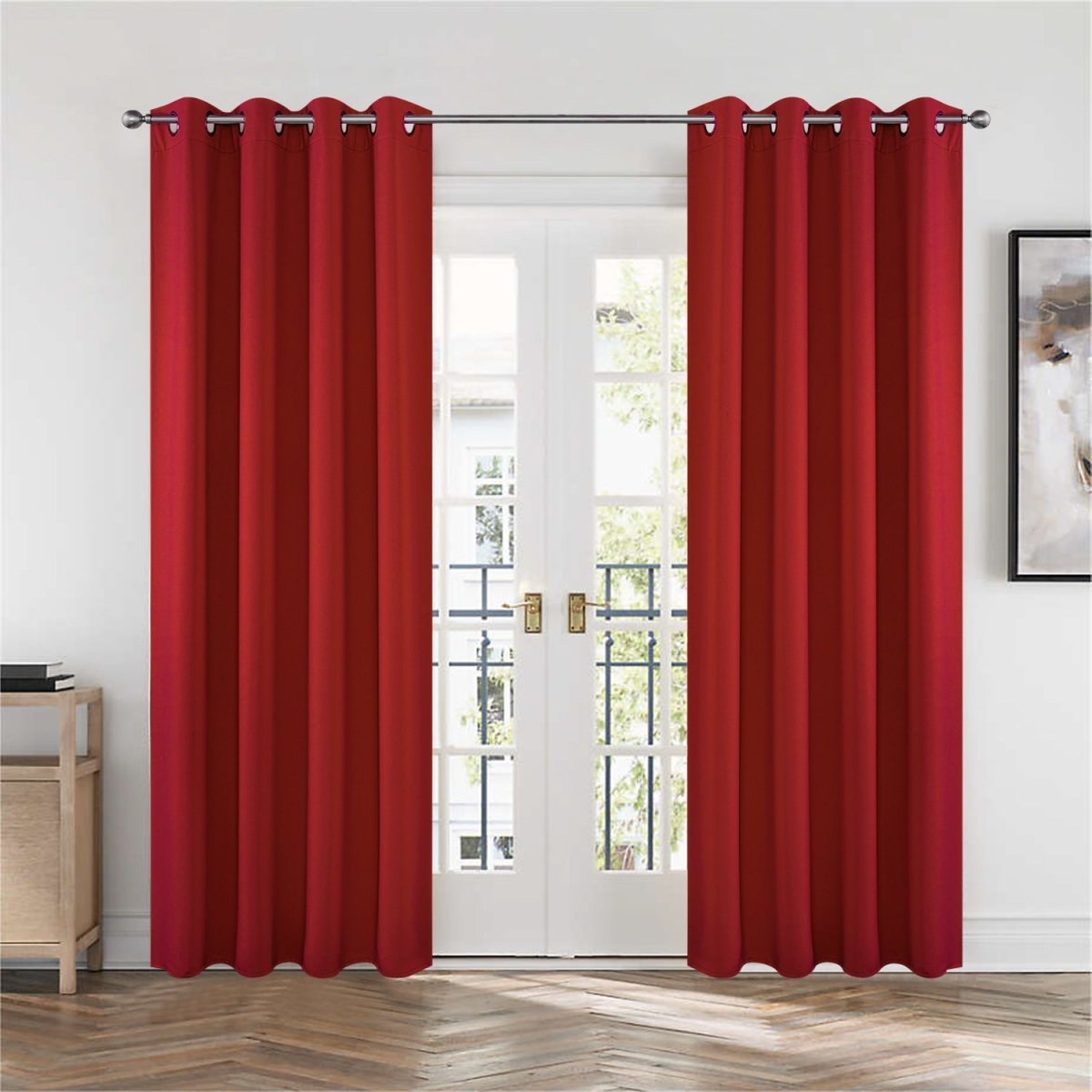 Joydeco Blackout Thermal Insulated 2-Panel Long Curtains & Drapes Set - Red 1 Nicely styled home layout focusing on the clean horizontal folds of a custom-hung thermal panel curtains red drape set.