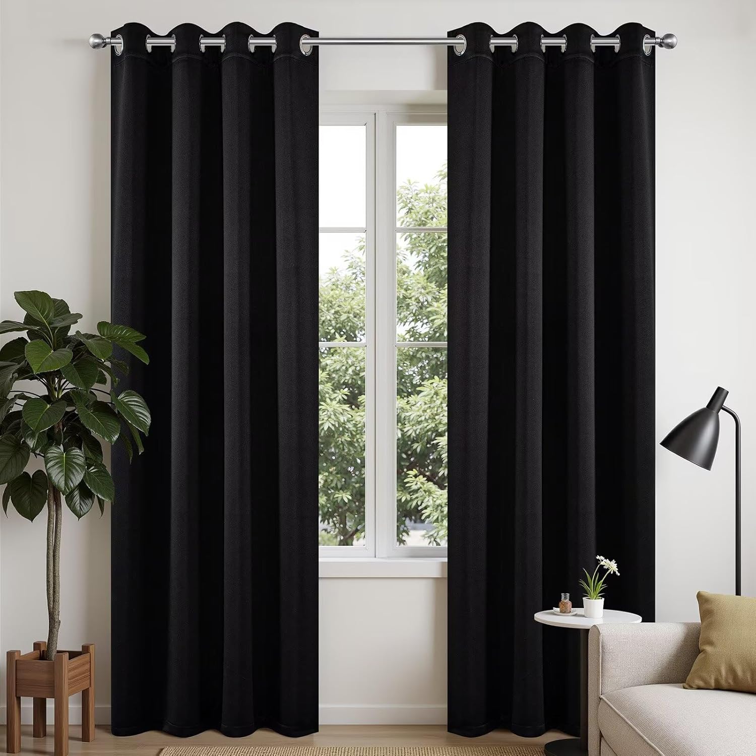 Joydeco Blackout Thermal Insulated Curtains & Drapes, 2-Panel Set - Black 1 Close-up macro view focusing on the fine hardware craftsmanship and smooth metallic profile of a durable black thermal drapes.