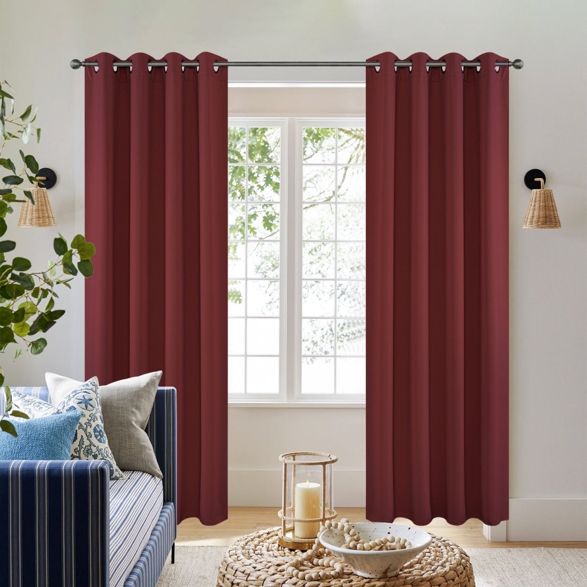Joydeco Blackout Thermal Insulated Long Curtains, 2-Panel Set - Burgundy Red 1 Pair of joydeco blackout burgundy red thermal insulated long drapes by Joydeco hanging in a bright modern bedroom.