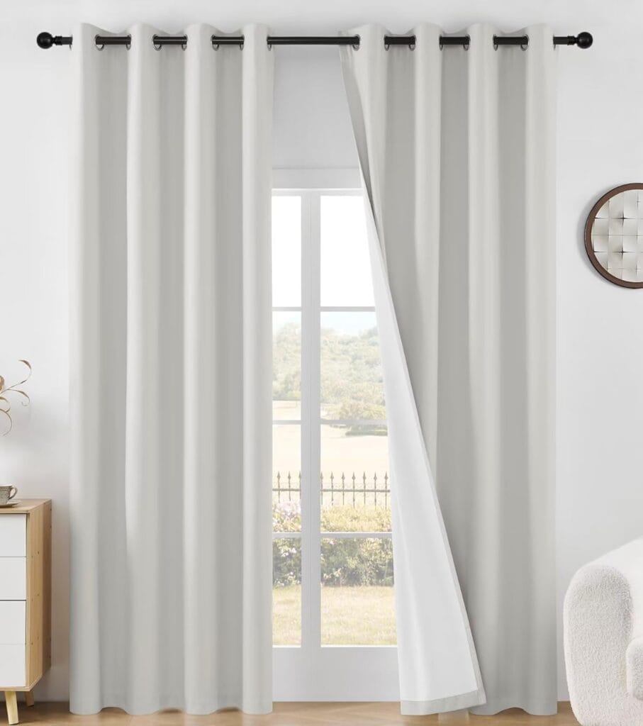 Close-up macro shot focusing on the high-quality fabric grain and neat stitching details of a durable ivory blackout curtains set.