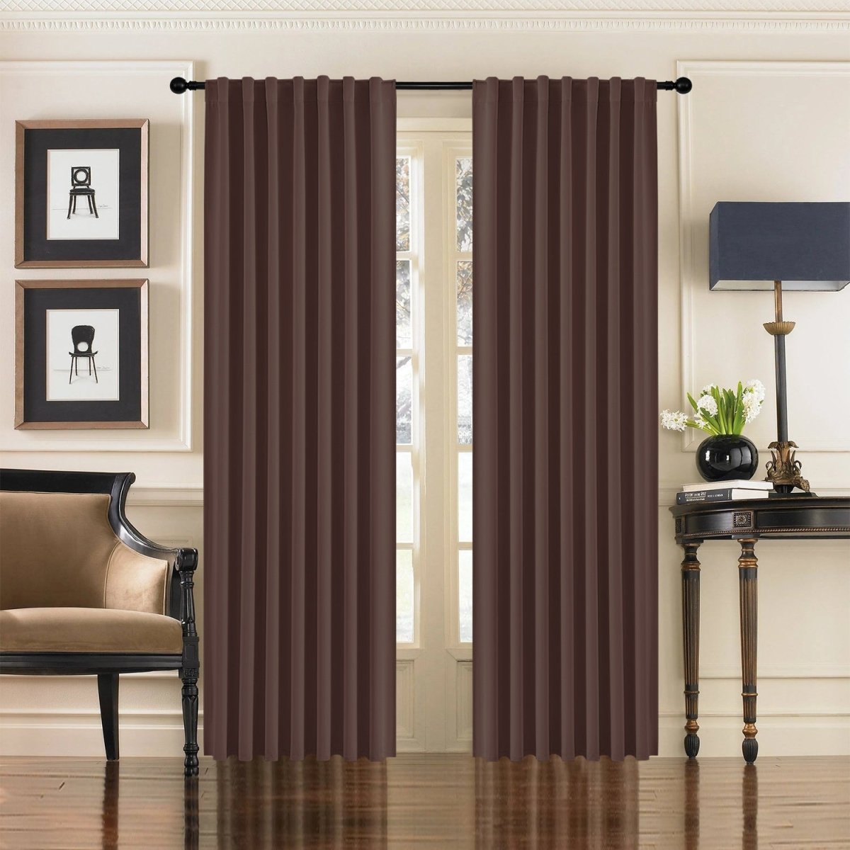 Joydeco Blackout Thermal Insulated Room Darkening Curtains for Bedroom & Living Room - Chocolate 1 Beautifully arranged apartment interior featuring the clean straight hang of a premium thermal curtains chocolate set.