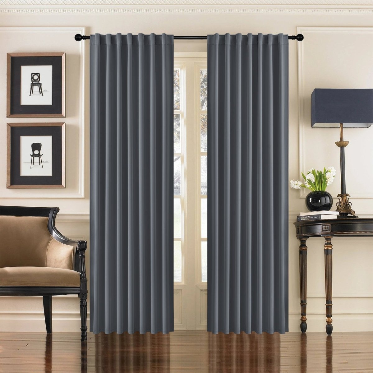 Joydeco Blackout Thermal Insulated Room Darkening Curtains for Bedroom & Living Room - Dark Grey 1 A peaceful master suite window setting showcasing high-quality thermal curtains dark grey drawn neatly together.