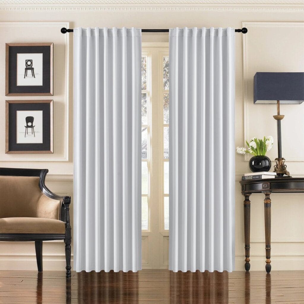 Joydeco heavy-duty fabric window treatment presenting elegant thermal curtains greyish white styling in a modern space.