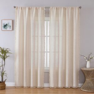 Elegantly draped window display focusing on the clean lines of boho linen sheer curtains framing a scenic backyard view.