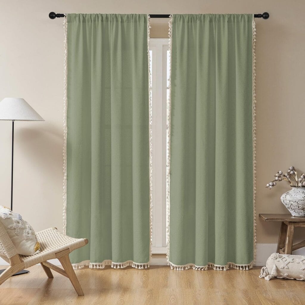 Joydeco decorative floor space highlighting a premium sage green boho sheer curtains stretched clean down a high-traffic hallway entryway.