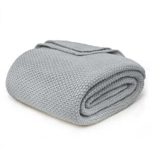 Close-up macro shot accenting the intricate weave and soft tactile surface detailing of a durable cozy knit blanket grey.